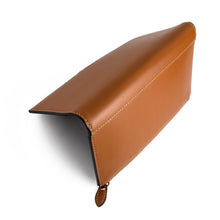 Load image into Gallery viewer, Angled unfolded view of the toffee leather wallet. 
