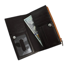 Load image into Gallery viewer, Interior view of the toffee leather wallet with currency inside the bill compartment.
