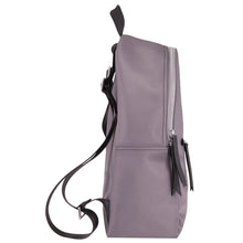 Load image into Gallery viewer, Side panel view of the gray backpack. 
