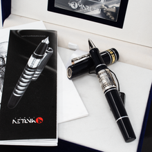 Load image into Gallery viewer, The rollerball pen and cap inside the presentation box with the booklet. 
