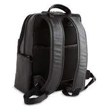 Load image into Gallery viewer, Angled back panel view of the black backpack with the shoulder straps extended. 

