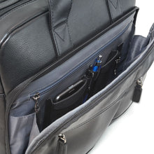 Load image into Gallery viewer, Interior view of the black briefcase the front panel pocket unzipped. It features organization pockets inside.
