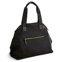 Load image into Gallery viewer, Angled front panel view of the black tote bag. 
