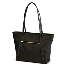 Load image into Gallery viewer, Angled front view of the black tote bag.
