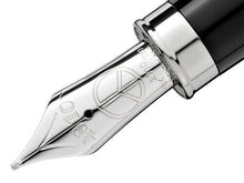 Load image into Gallery viewer, Close up to the fountain pen nib with engraved decorations, 4810 logo, a peace symbol, 2010, 18K gold hallmarks, and the word Montblanc.
