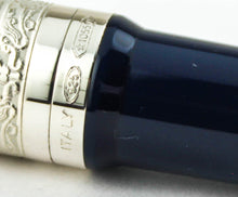 Load image into Gallery viewer, Close up to the Sterling silver hallmarks engraved on the pen.
