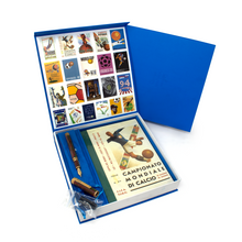 Load image into Gallery viewer, The fountain pen arranged with the presentation box, book and cartridges.
