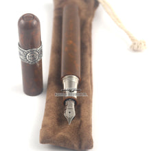 Load image into Gallery viewer, Angled view of the fountain pen, cap and pen sleeve.
