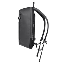 Load image into Gallery viewer, Side panel view of the black backpack. 

