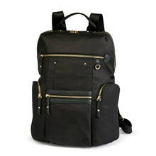 Load image into Gallery viewer, Angled front view of the black backpack.
