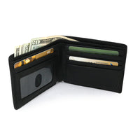 Interior view of the black wallet with cash and credit cards tucked in the compartments. 