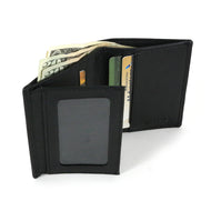 Interior view of the black wallet with credit cards and cash tucked in the compartments. 