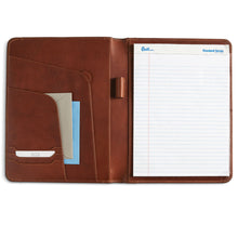 Load image into Gallery viewer, Interior view of the pad folio with a notepad, envelopes, and business card tucked in the compartments.
