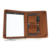 Load image into Gallery viewer, Interior view of the tan leather portfolio extended. It has a letter pad, two pens, and a cellphone in the dedicated compartments.
