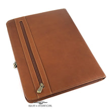Load image into Gallery viewer, Angled back view of the tan leather portfolio. It features a vertical zipper closing pocket. 
