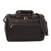 Load image into Gallery viewer, Front view of the brown leather duffle bag. It features a front L shaped zipper pocket and a removable shoulder strap.
