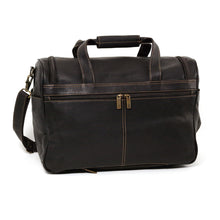Load image into Gallery viewer, Angled back view of the brown leather duffle bag. 
