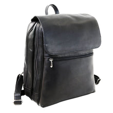 Load image into Gallery viewer, Angled front view of the black leather backpack. 
