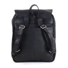 Load image into Gallery viewer, Back panel view of the black leather backpack with the shoulder straps tucked inside the back  pocket. 
