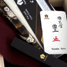 Load image into Gallery viewer, Close up to the fountain pen arranged in the presentation box with the certificates, artist signature card, and eye dropper box.
