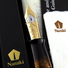 Load image into Gallery viewer, Close up to the fountain pen nib with engraved Mount Fuji, Namiki logo, 18K-750, <M>
