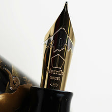 Load image into Gallery viewer, Close up to the fountain pen nib with engraved Mount Fuji, Namiki Logo, 18K-750, <M>
