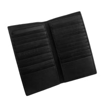 Load image into Gallery viewer, Interior view of the black wallet with multiple credit card compartments. 
