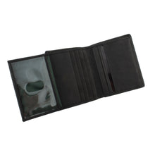 Load image into Gallery viewer, Interior view of the black wallet with the extra card page flipped. 

