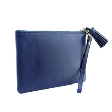 Load image into Gallery viewer, Angled front view of the blue cosmetic pouch.
