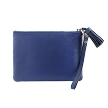 Load image into Gallery viewer, Front view of the blue leather pouch.
