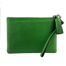 Load image into Gallery viewer, Front view of the green leather cosmetic pouch.
