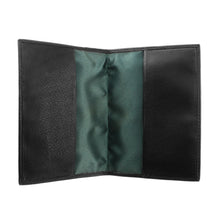 Load image into Gallery viewer, Interior view of the black leather passport cover. It features green lining. 
