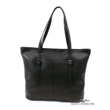Load image into Gallery viewer, A black leather tote bag with the shoulder straps extended.
