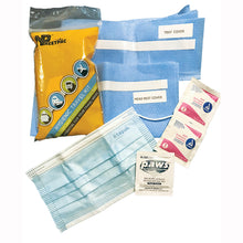 Load image into Gallery viewer, The hygienic travel kit contents, featuring antibacterial hand wipes, packaging head rest covers, tray covers, and face masks. 
