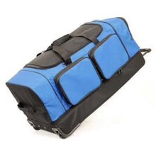 Load image into Gallery viewer, Angled side view of the black and blue wheeled duffle.
