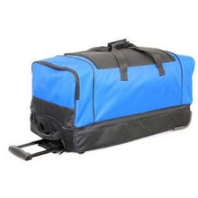 Load image into Gallery viewer, Angled view of the black and blue duffle bag with the telescopic handle extended.
