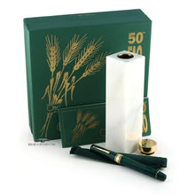 Load image into Gallery viewer, The fountain pen arranged with the presentation box, pen sleeve, booklet, and outer box.
