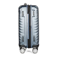 Load image into Gallery viewer, Side panel view of the blue suitcase. It features four stub legs.
