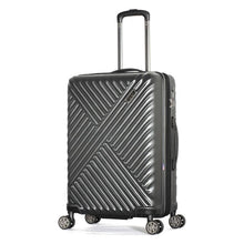 Load image into Gallery viewer, Angled front view of the metal gray suitcase with ridged design. 

