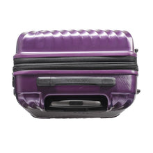 Load image into Gallery viewer, Angled top panel view of the purple suitcase. It features a grip handle and a telescopic handle. 

