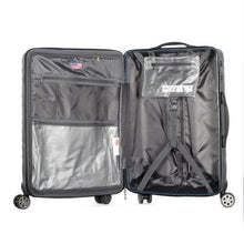 Load image into Gallery viewer, Interior view of the suitcase. It features gray lining, a zipper-closing panel divider, pockets, and adjustable straps.
