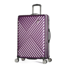 Load image into Gallery viewer, Angled front view of the purple suitcase with ridged pattern.
