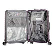 Load image into Gallery viewer, Interior view of the purple suitcase. It features gray lining with organizing pockets and adjustable straps.

