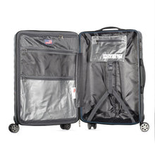 Load image into Gallery viewer, Interior view of the suitcase. It features gray lining with a zipper-closing panel divider, and adjustable straps.
