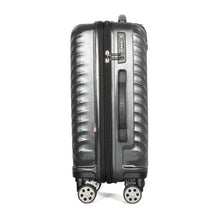 Load image into Gallery viewer, Side panel view of the metal gray suitcase. It features a three-digit combination TSA lock, and a grip handle. 
