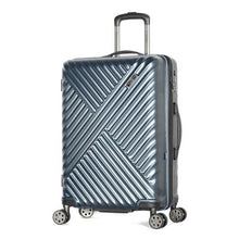 Load image into Gallery viewer, Angled front view of the blue hard shell suitcase with ridged design.
