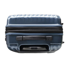 Load image into Gallery viewer, Top panel view of the navy blue suitcase. It features a grip handle and a telescopic handle. 
