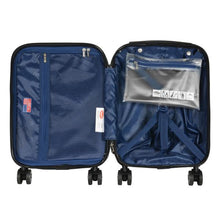 Load image into Gallery viewer, Interior view of the purple suitcase. It has a navy blue lining, zipper-closing panel dividers, pockets, and adjustable straps.

