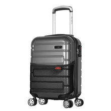 Load image into Gallery viewer, Angled front view of the black suitcase with the telescopic handle extended.
