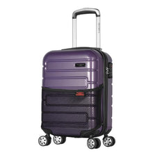 Load image into Gallery viewer, Angled front view of the purple suitcase with the telescopic handle extended.
